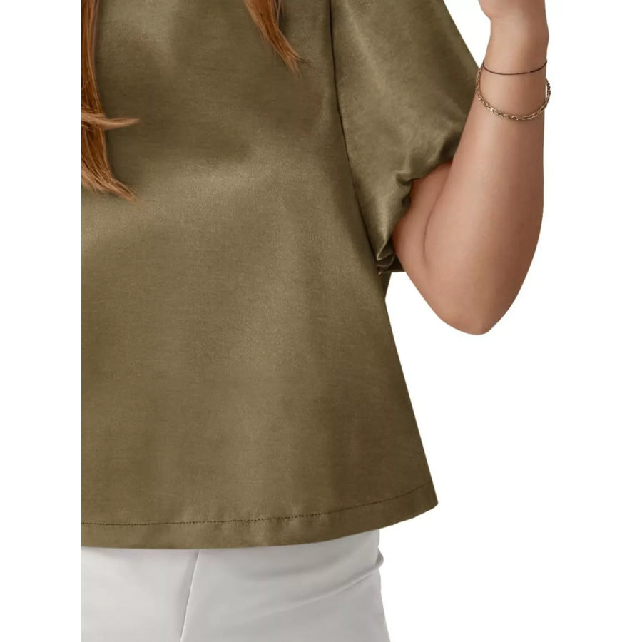 Round Neck Puff Sleeve Satin Top Apparel and Accessories