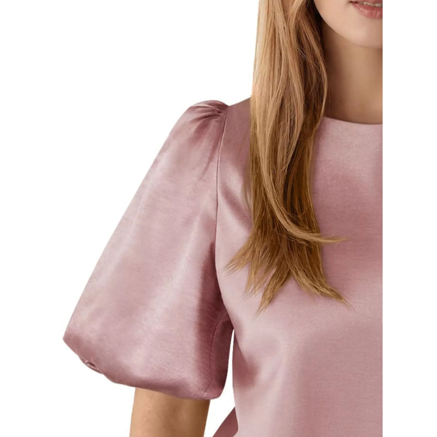 Round Neck Puff Sleeve Satin Top Apparel and Accessories