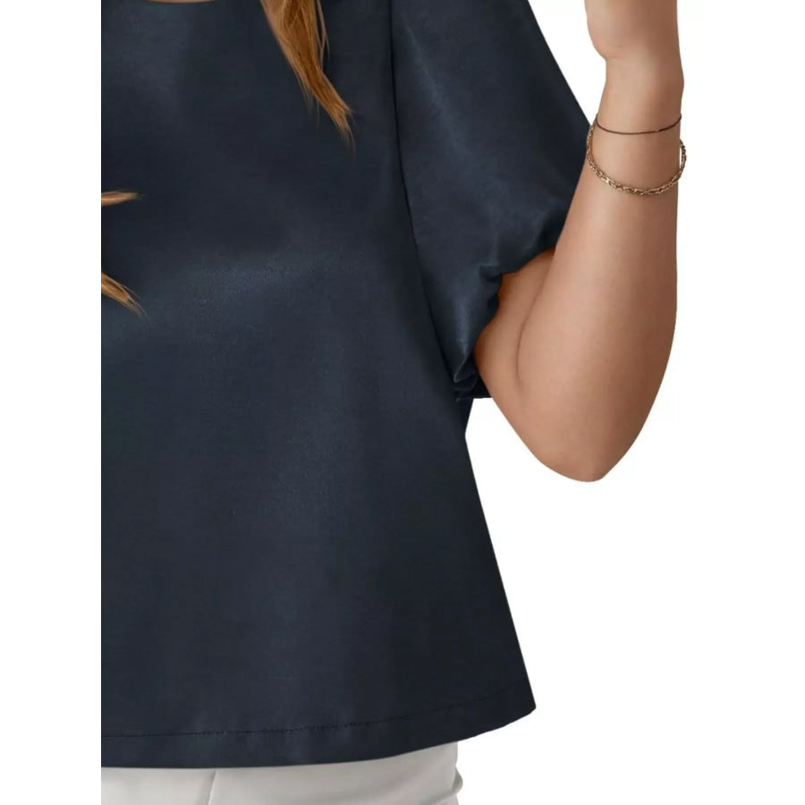 Round Neck Puff Sleeve Satin Top Apparel and Accessories