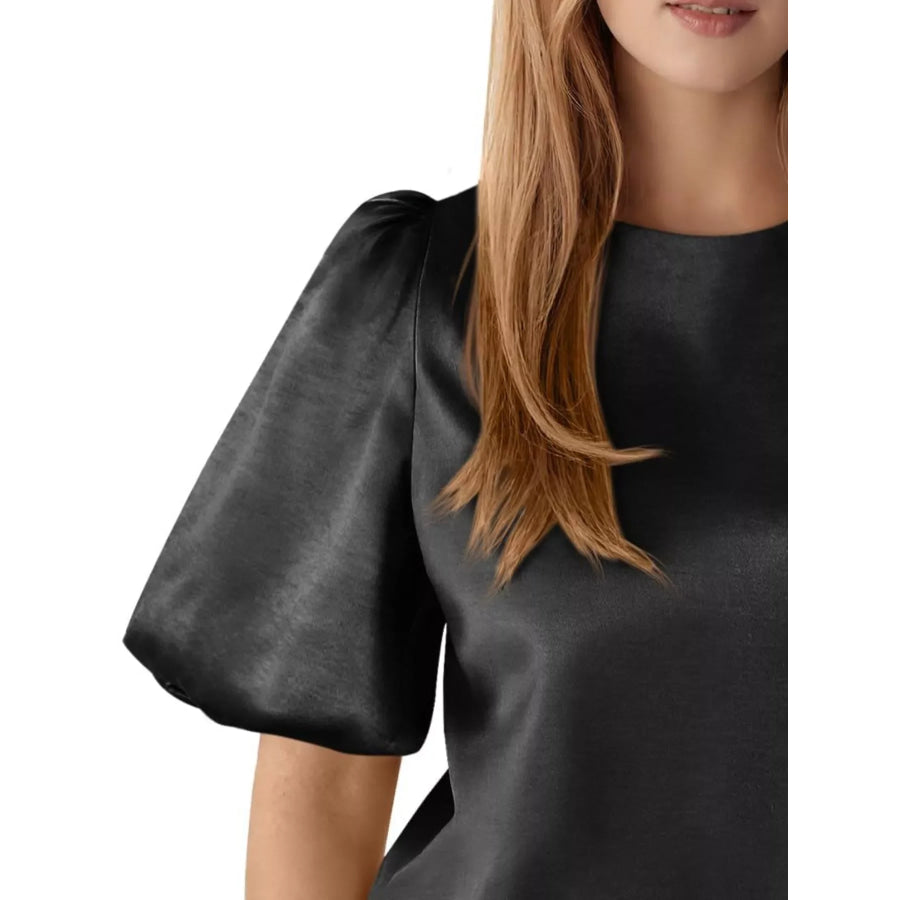 Round Neck Puff Sleeve Satin Top Apparel and Accessories
