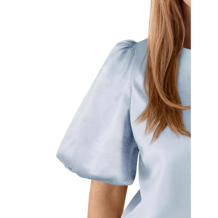 Round Neck Puff Sleeve Satin Top Apparel and Accessories
