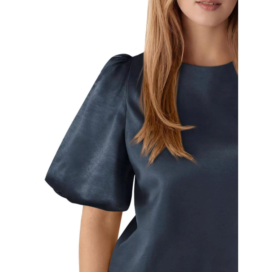 Round Neck Puff Sleeve Satin Top Apparel and Accessories