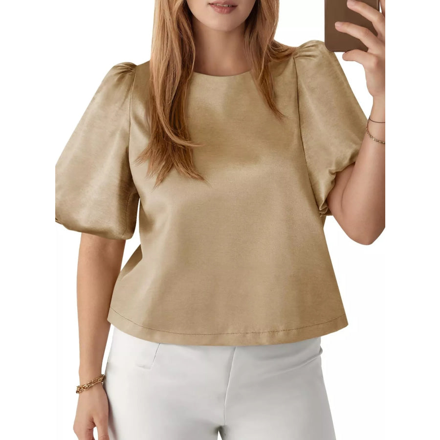 Round Neck Puff Sleeve Satin Top Apricot / S Apparel and Accessories