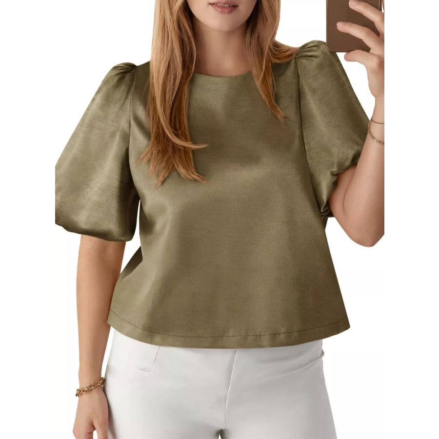 Round Neck Puff Sleeve Satin Top Army Green / S Apparel and Accessories
