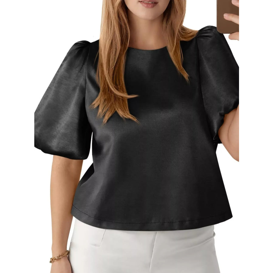 Round Neck Puff Sleeve Satin Top Black / S Apparel and Accessories