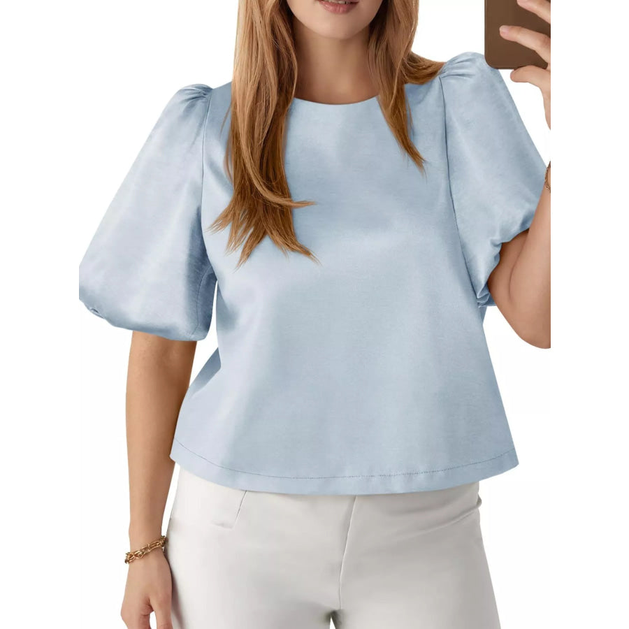 Round Neck Puff Sleeve Satin Top Light Blue / S Apparel and Accessories