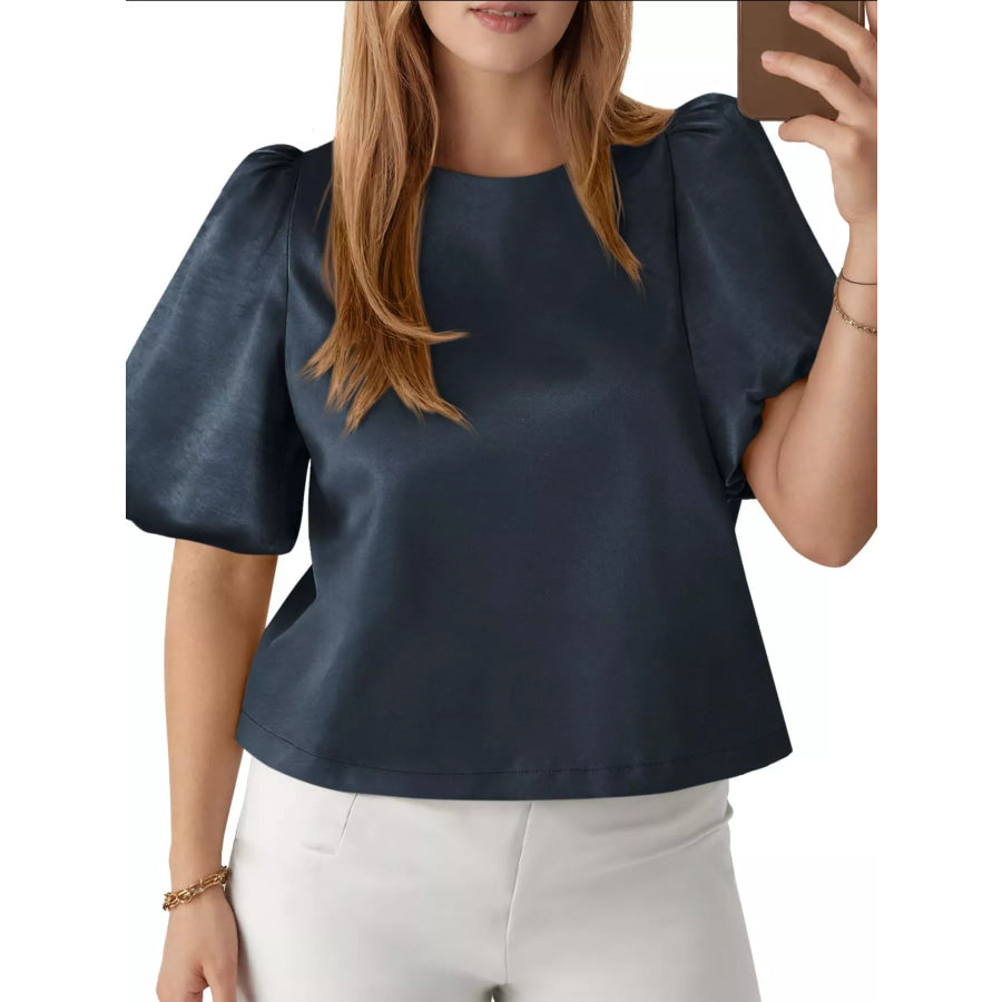 Round Neck Puff Sleeve Satin Top Navy Blue / S Apparel and Accessories