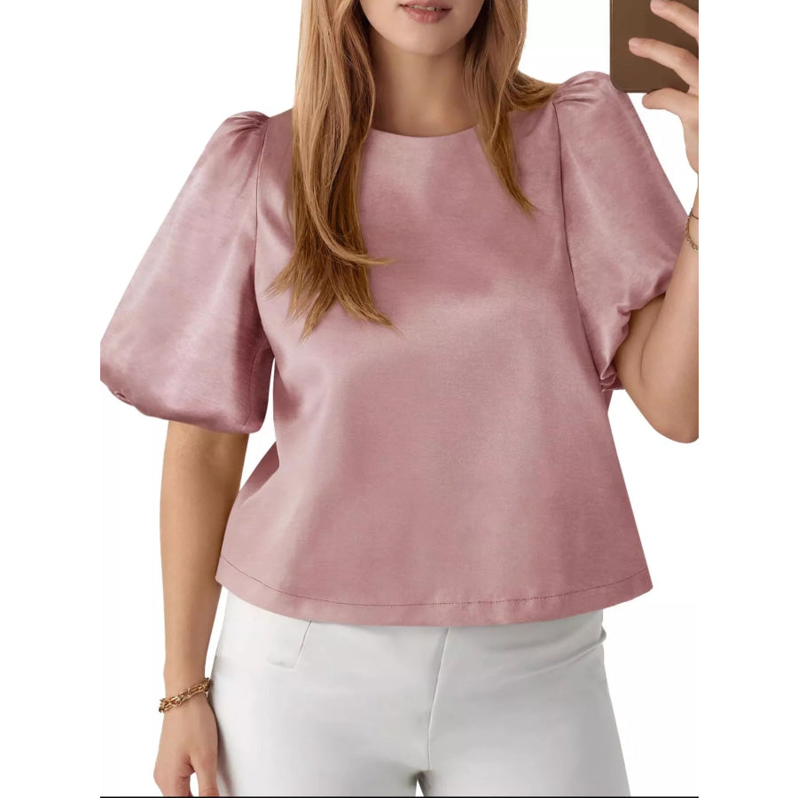 Round Neck Puff Sleeve Satin Top Pink / S Apparel and Accessories