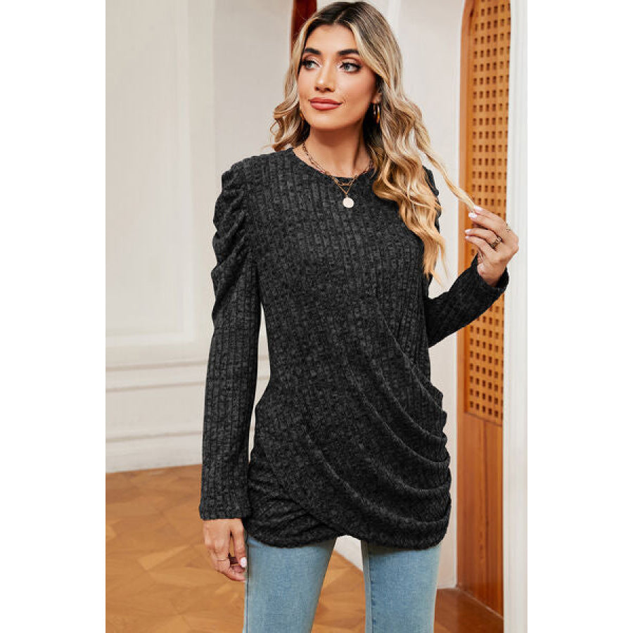 Round Neck Puff Sleeve T - Shirt Black / S Apparel and Accessories