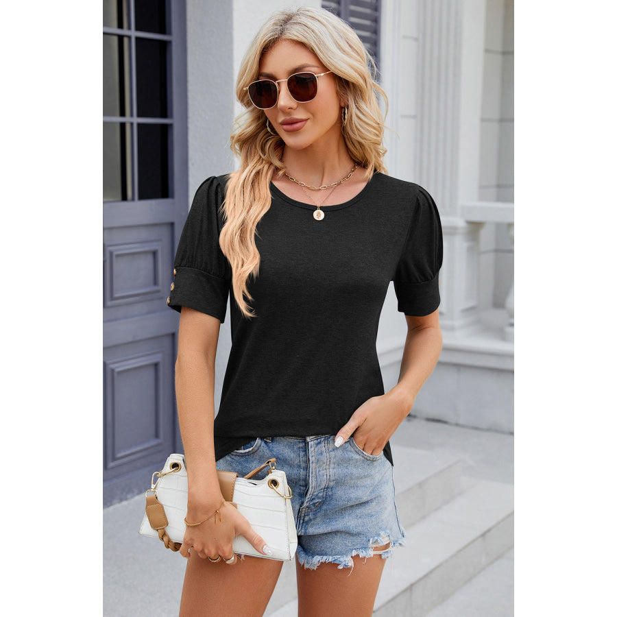 Round Neck Puff Sleeve T - Shirt Black / S Apparel and Accessories
