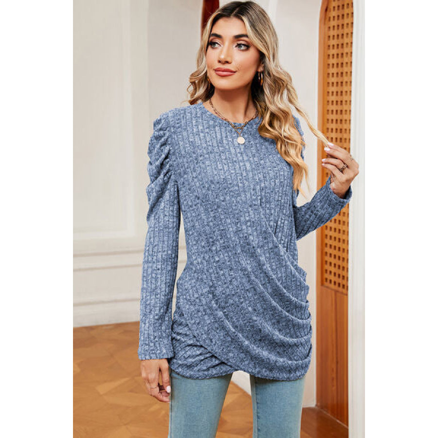 Round Neck Puff Sleeve T - Shirt Dusty Blue / S Apparel and Accessories