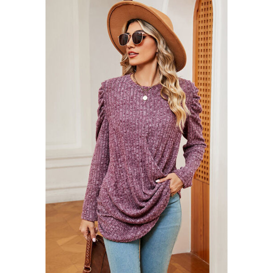 Round Neck Puff Sleeve T - Shirt Fuchsia / S Apparel and Accessories