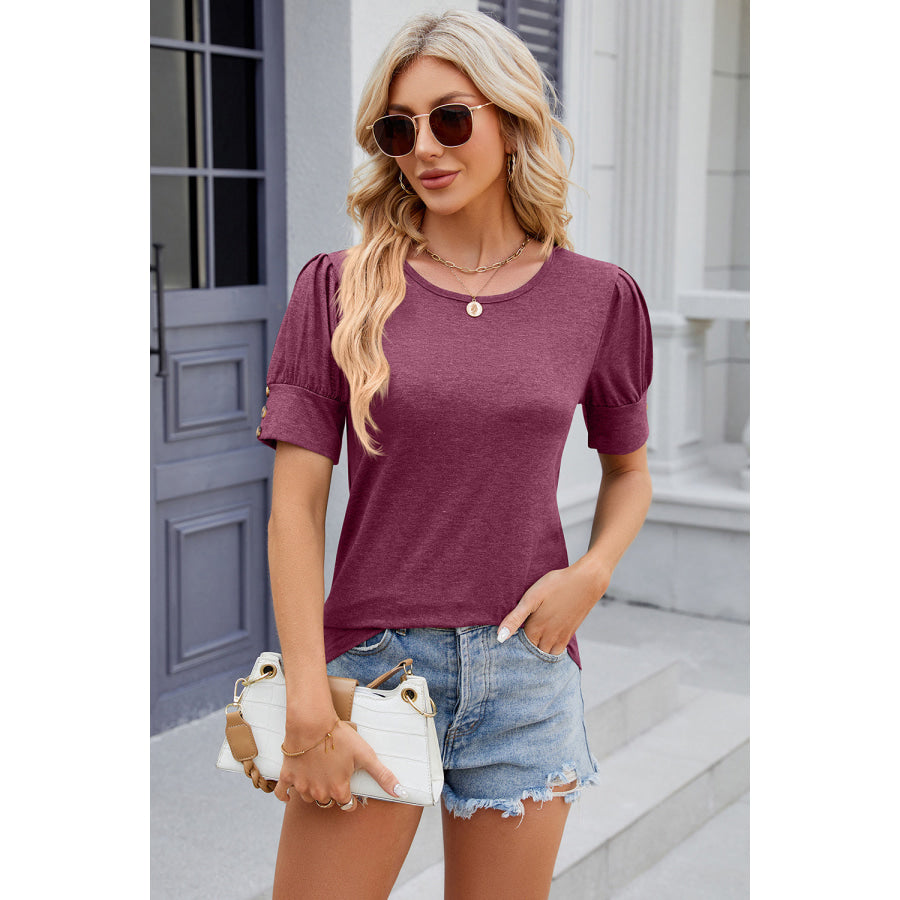 Round Neck Puff Sleeve T - Shirt Fuchsia / S Apparel and Accessories