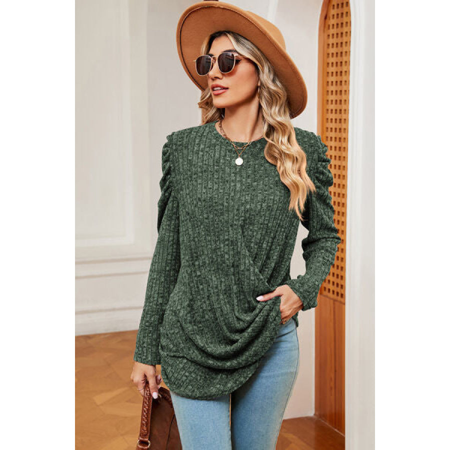 Round Neck Puff Sleeve T - Shirt Green / S Apparel and Accessories