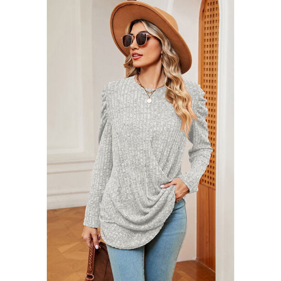 Round Neck Puff Sleeve T - Shirt Light Gray / S Apparel and Accessories