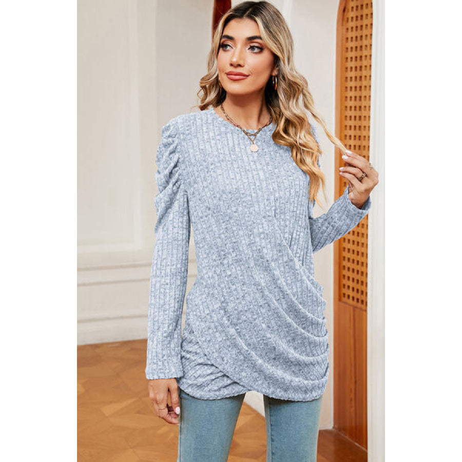 Round Neck Puff Sleeve T - Shirt Misty Blue / S Apparel and Accessories