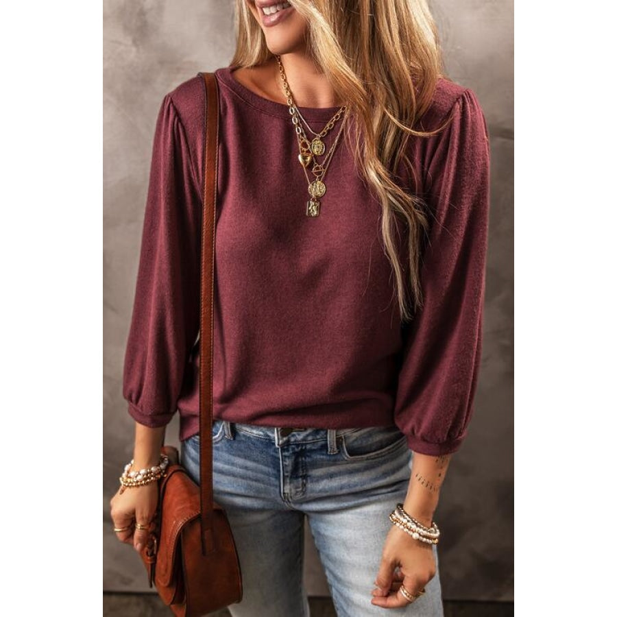 Round Neck Puff Sleeve T-Shirt Wine / S Clothing