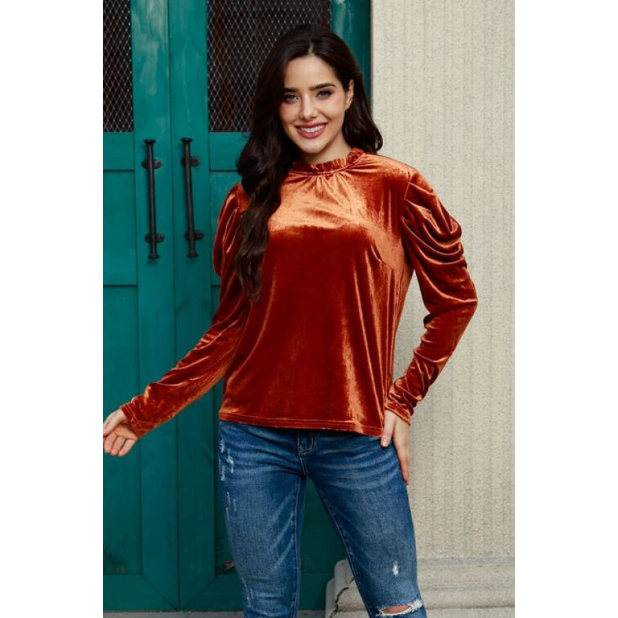 Round Neck Puff Sleeve Velvet Blouse Chestnut / S