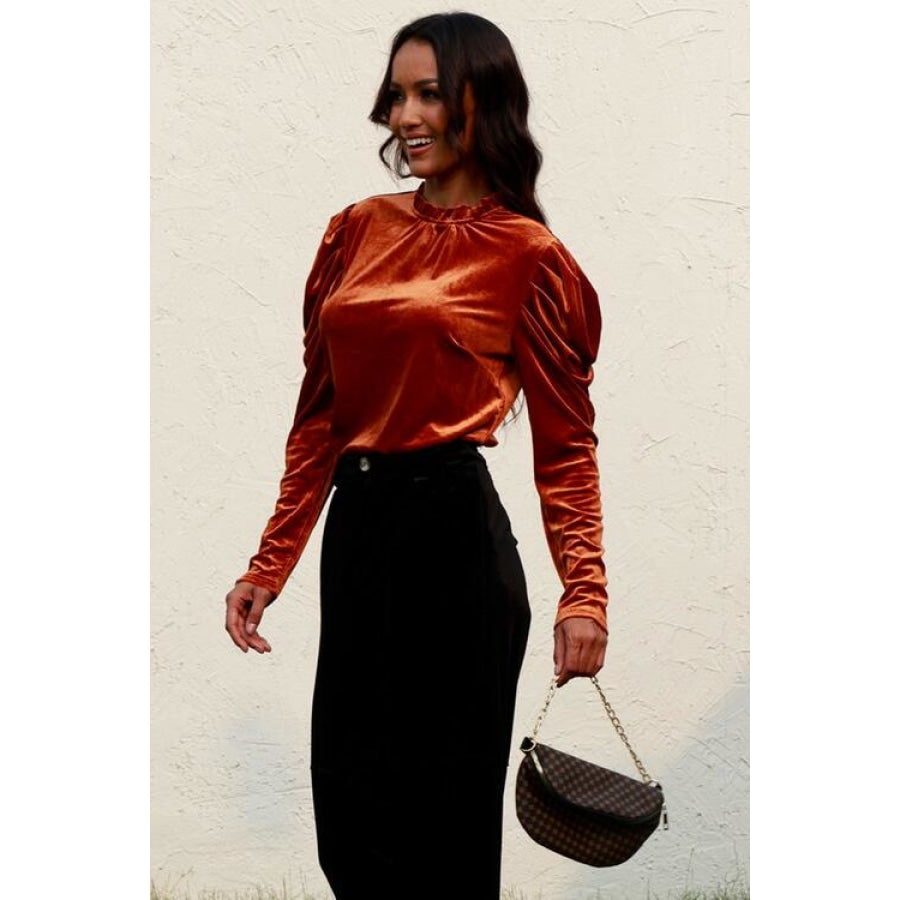 Round Neck Puff Sleeve Velvet Blouse