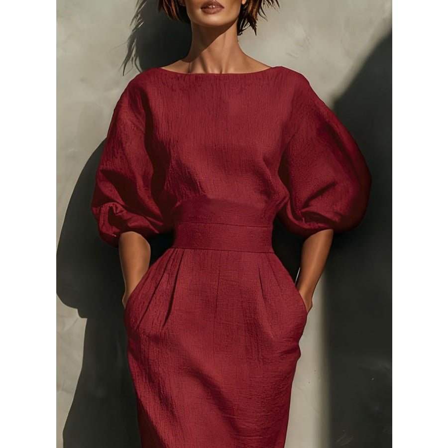 Round Neck Puff Sleeves Midi Dress Apparel and Accessories