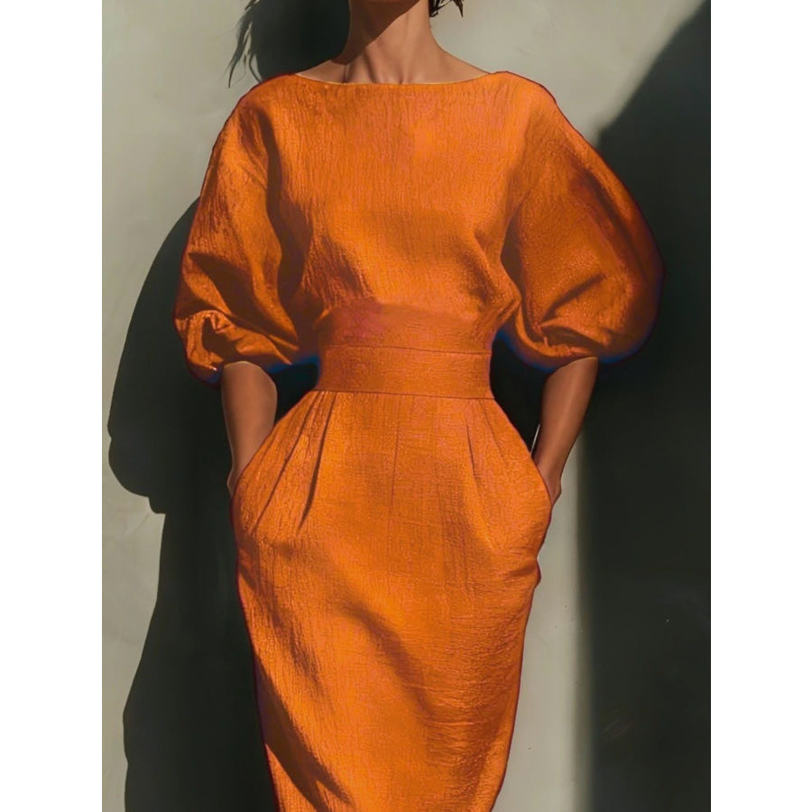 Round Neck Puff Sleeves Midi Dress Apparel and Accessories