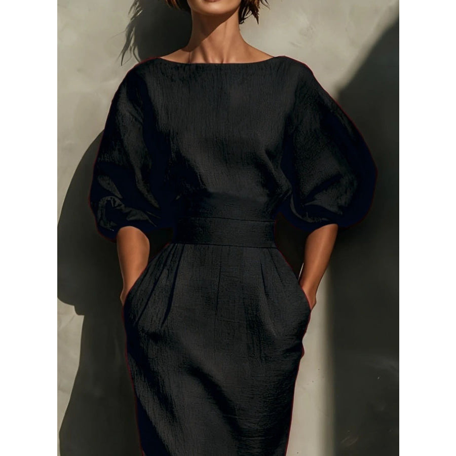 Round Neck Puff Sleeves Midi Dress Apparel and Accessories