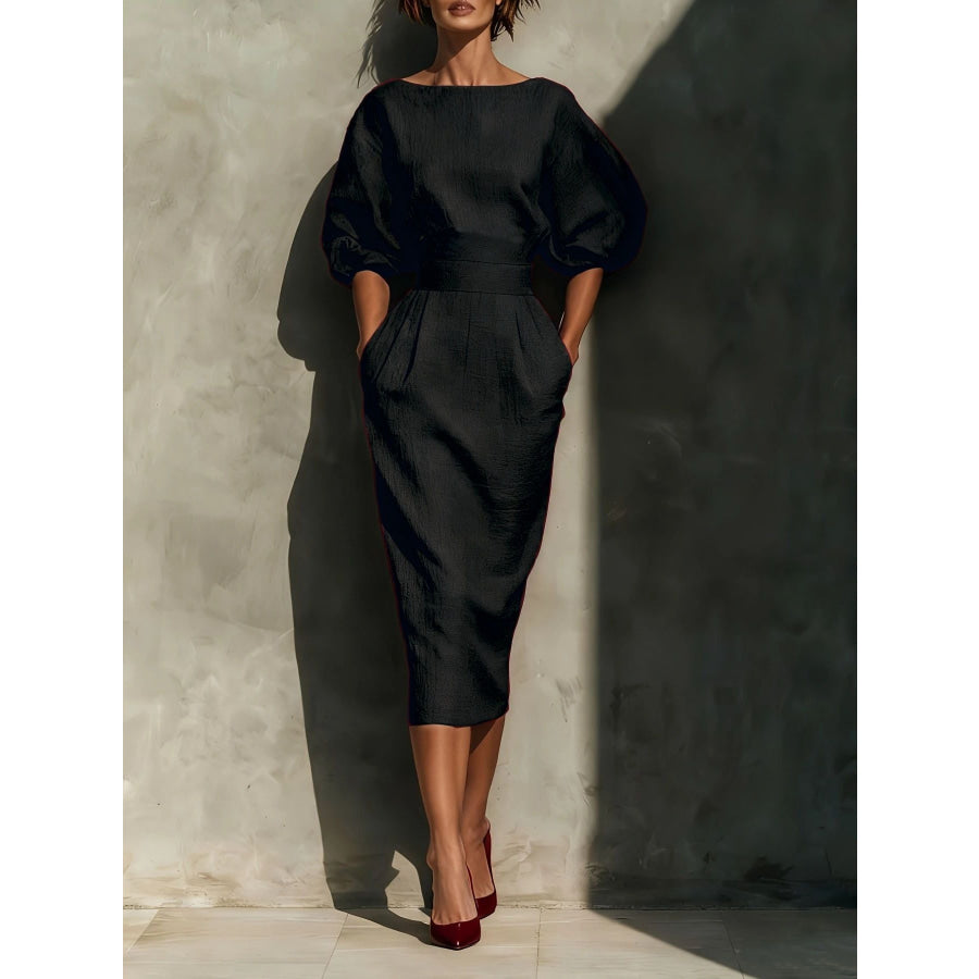 Round Neck Puff Sleeves Midi Dress Black / S Apparel and Accessories