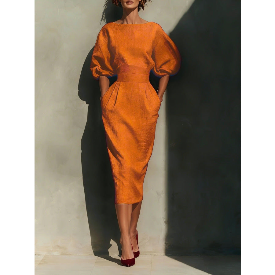 Round Neck Puff Sleeves Midi Dress Orange / S Apparel and Accessories