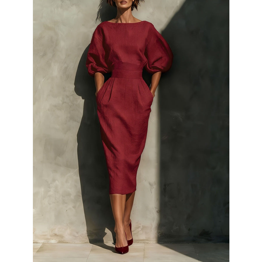 Round Neck Puff Sleeves Midi Dress Wine Red / S Apparel and Accessories