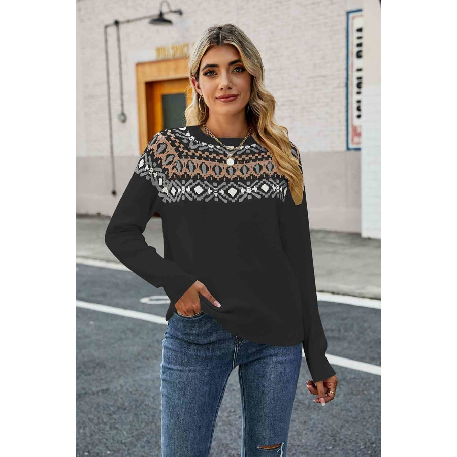 Round Neck Raglan Sleeve Sweater Black / S