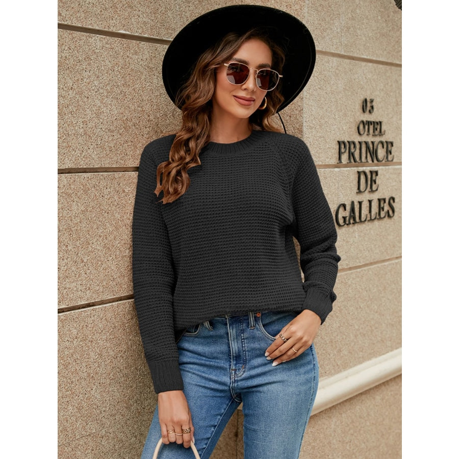 Round Neck Raglan Sleeve Sweater Black / S