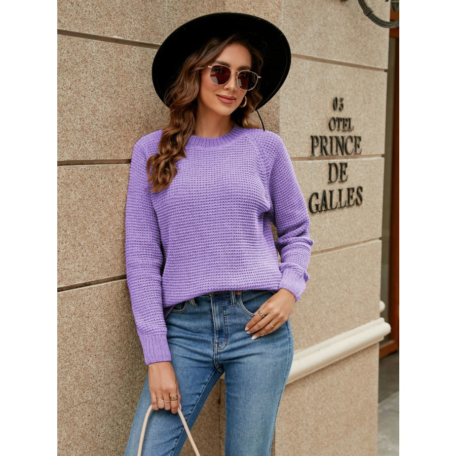 Round Neck Raglan Sleeve Sweater Lavender / S