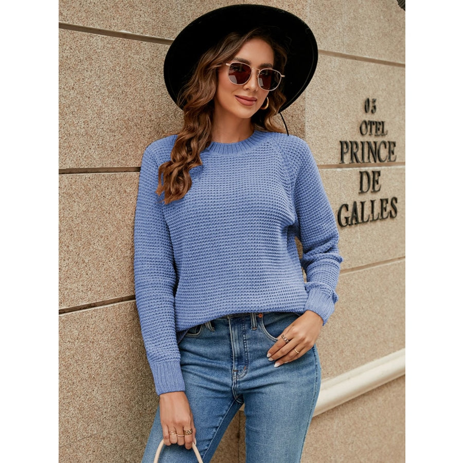 Round Neck Raglan Sleeve Sweater Misty Blue / S