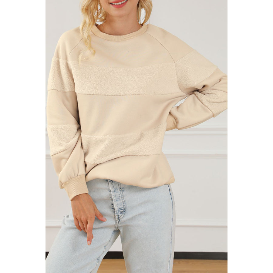 Round Neck Raglan Sleeve Sweatshirt Beige / S Apparel and Accessories