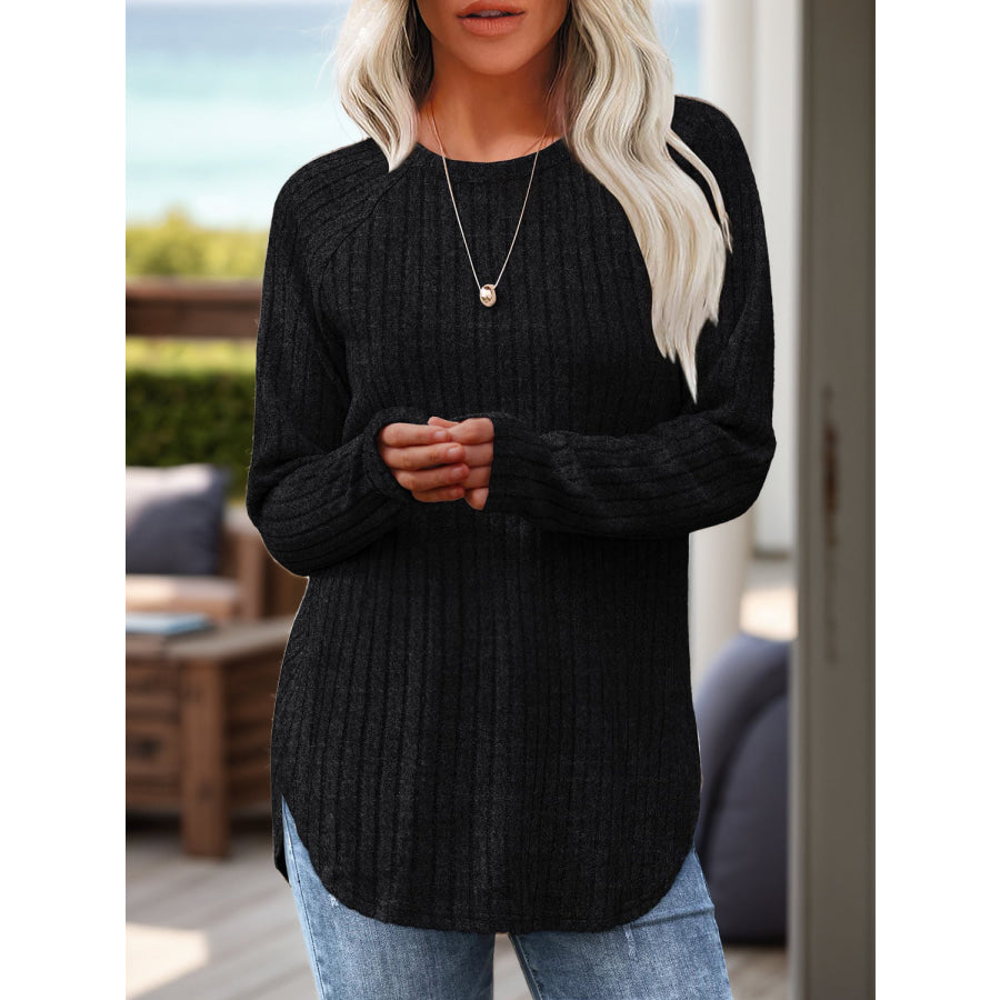 Round Neck Raglan Sleeve T-Shirt Black / S Apparel and Accessories