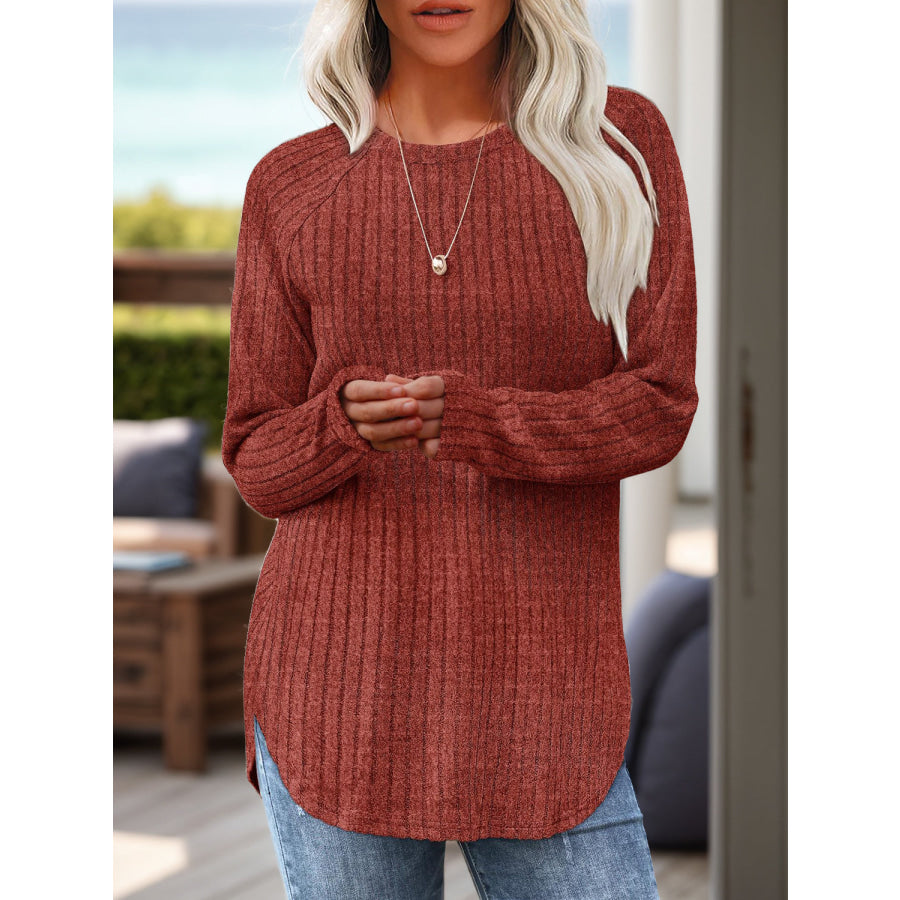 Round Neck Raglan Sleeve T-Shirt Brown / S Apparel and Accessories