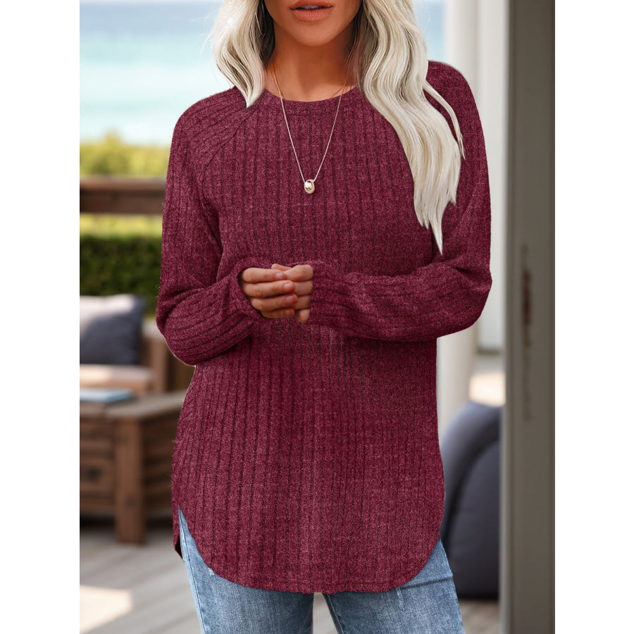 Round Neck Raglan Sleeve T-Shirt Burgundy / S Apparel and Accessories