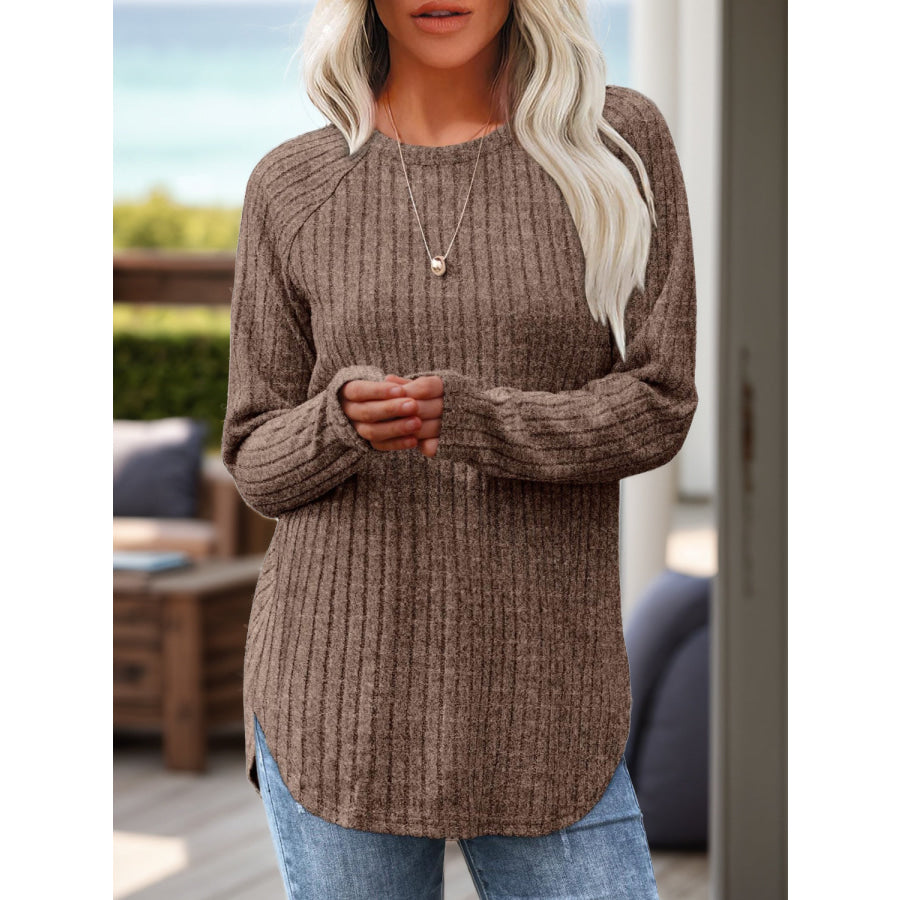 Round Neck Raglan Sleeve T-Shirt Taupe / S Apparel and Accessories