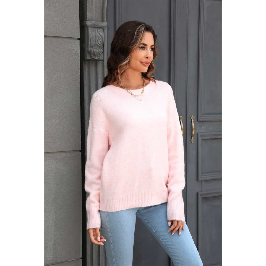 Round Neck Ribbed Long Sleeve Sweater Blush Pink / S