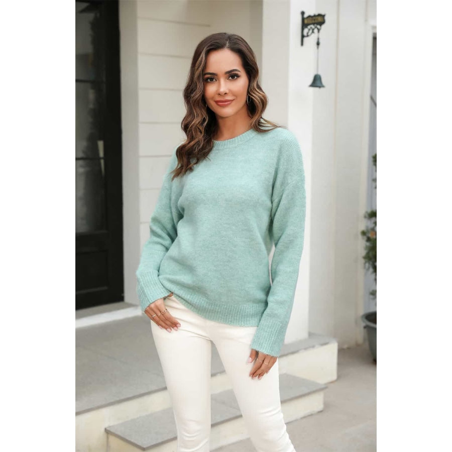 Round Neck Ribbed Long Sleeve Sweater Gum Leaf / S