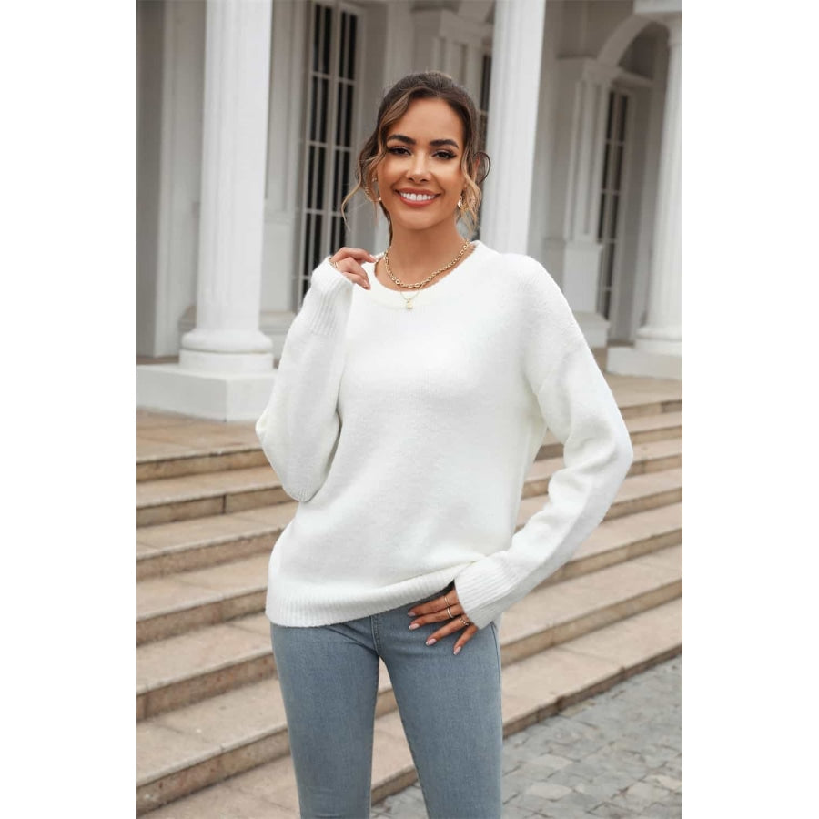 Round Neck Ribbed Long Sleeve Sweater White / S