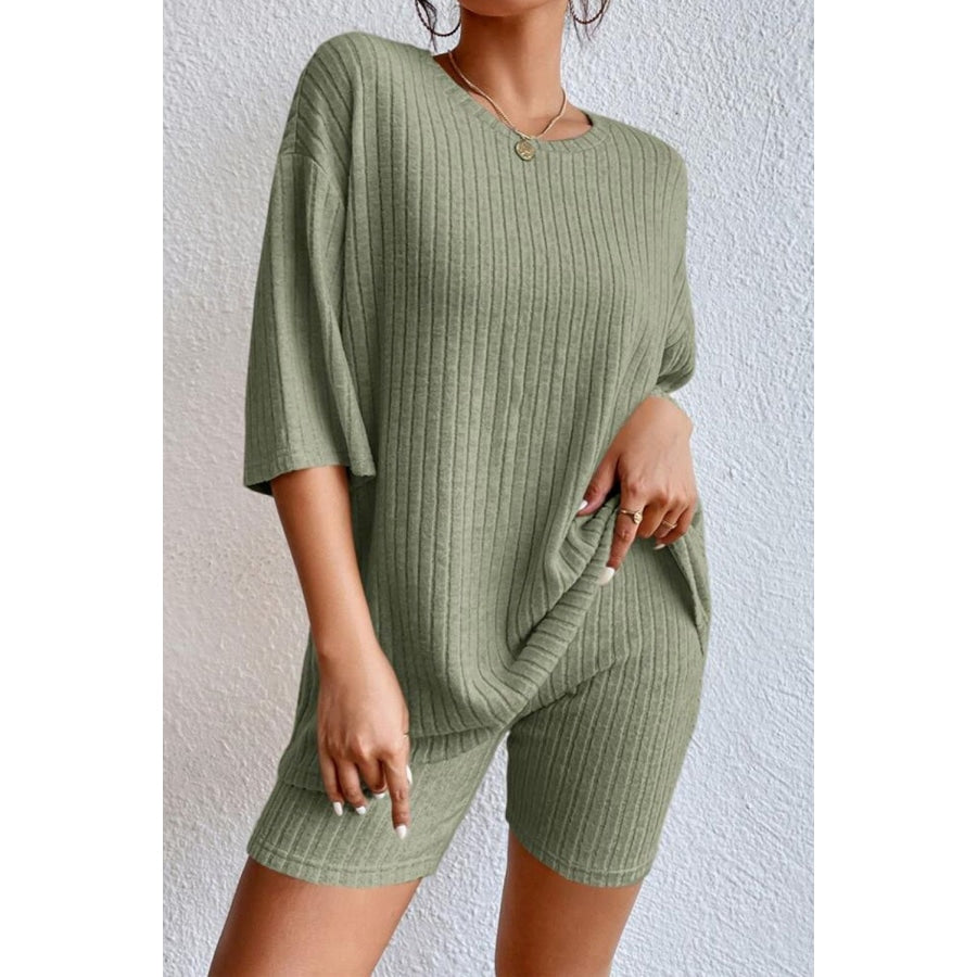 Round Neck Ribbed Top and Shorts Lounge Set Sage / S