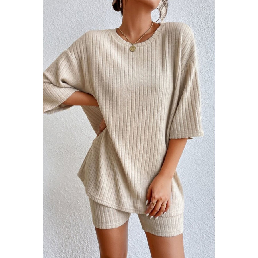 Round Neck Ribbed Top and Shorts Lounge Set Sand / S