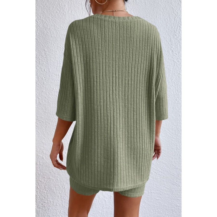Round Neck Ribbed Top and Shorts Lounge Set Sage / S