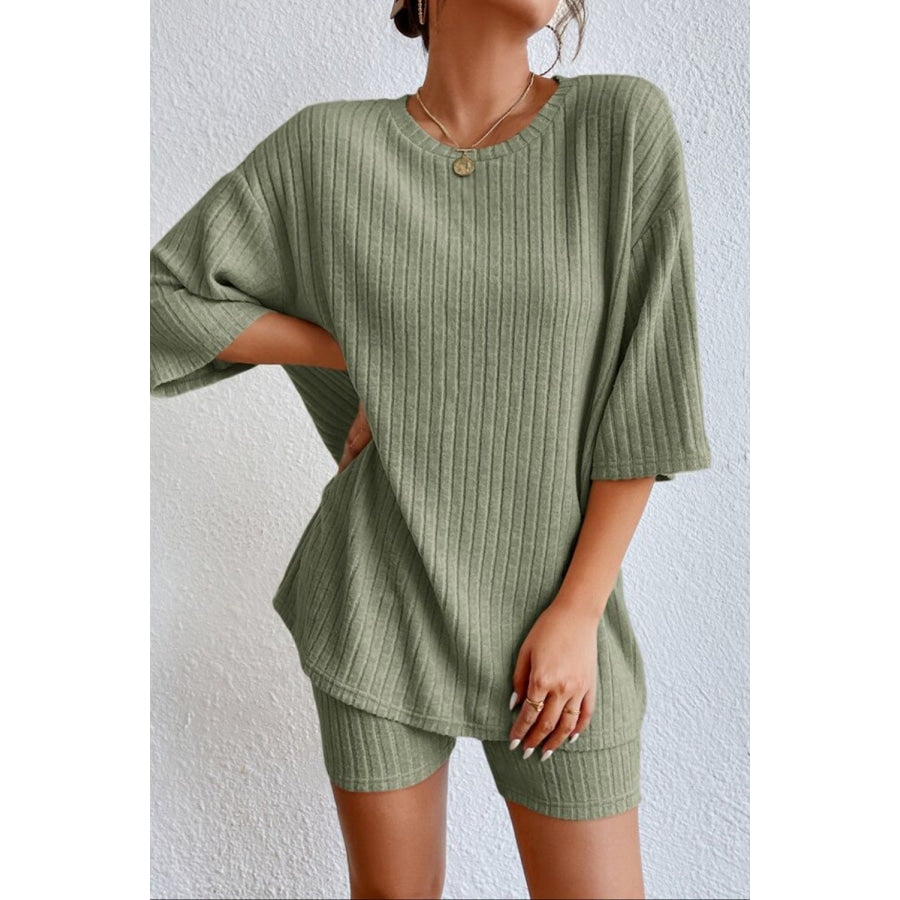 Round Neck Ribbed Top and Shorts Lounge Set