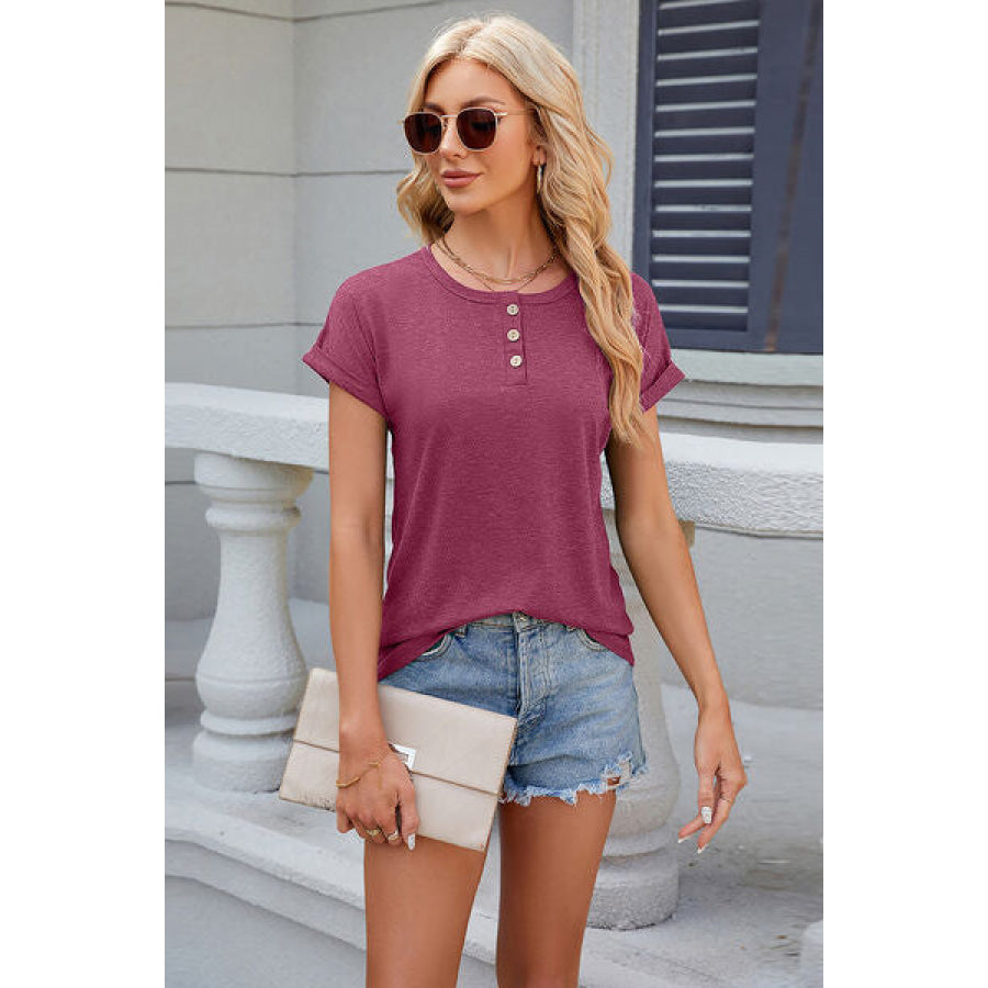 Round Neck Rolled Short Sleeve T - Shirt Cerise / S Apparel and Accessories