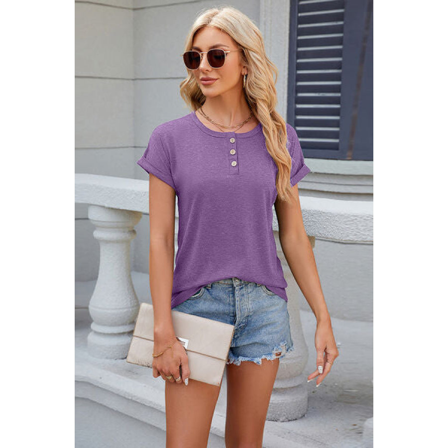 Round Neck Rolled Short Sleeve T - Shirt Purple / S Apparel and Accessories