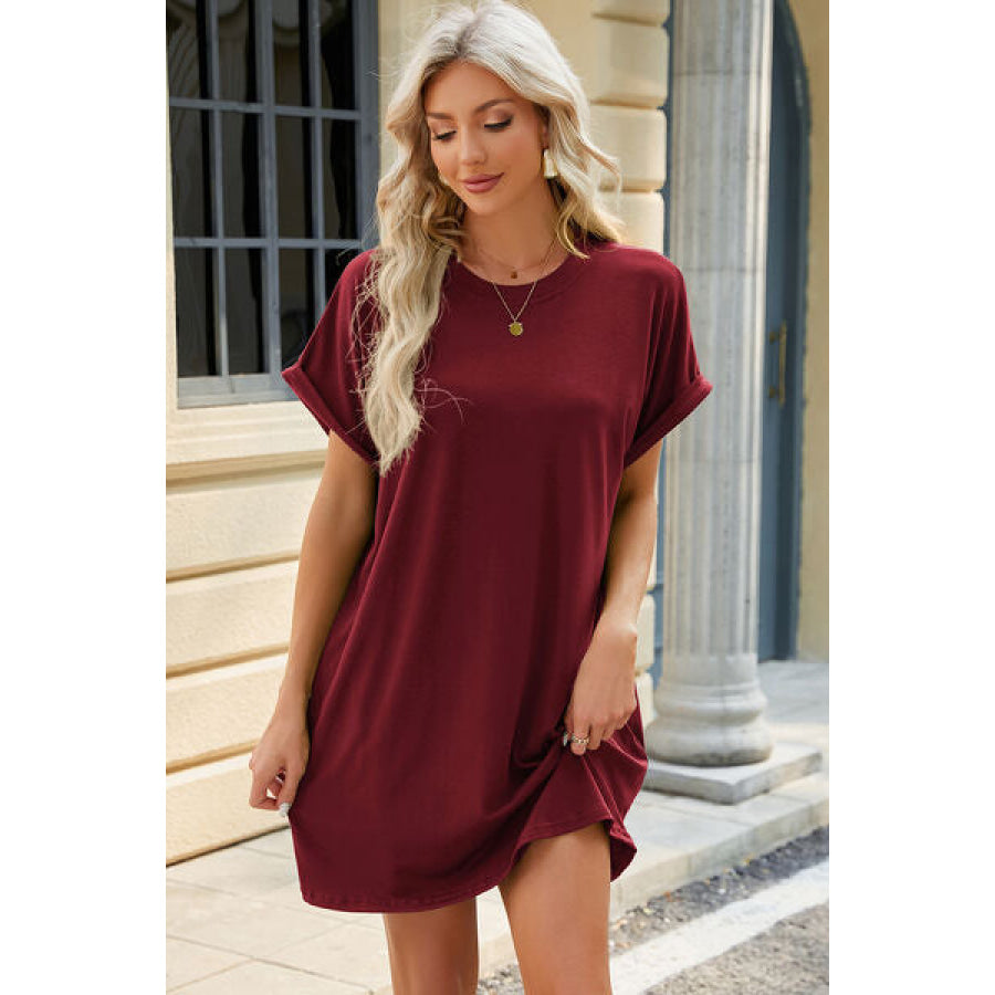 Round Neck Rolled Short Sleeve Tee Dress Wine / S Apparel and Accessories