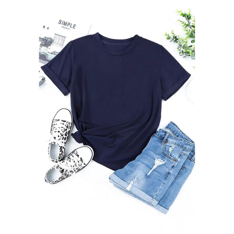 Round Neck Rolled Sleeve T-Shirt Apparel and Accessories