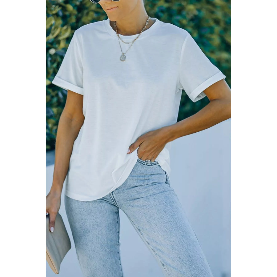 Round Neck Rolled Sleeve T-Shirt White / S Apparel and Accessories